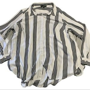 EUC Fred David black and white striped button down long sleeve sheer shirt